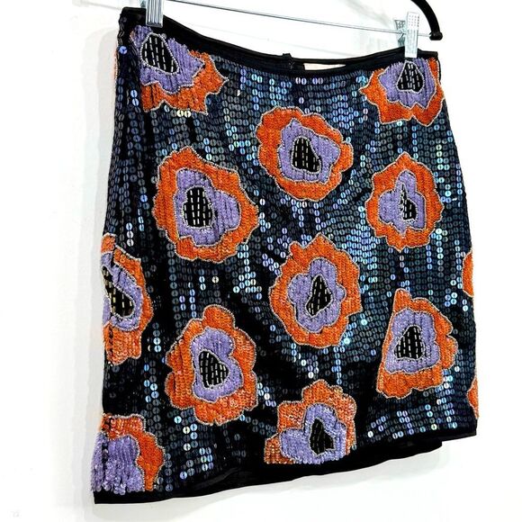 H&M Navy Blue Orange Purple Sequin Embellished Floral Mini Party Holiday Skirt - Picture 3 of 16